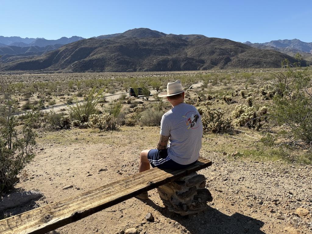 Man sitting on bench at the top of Desert Gardens, mountains in the distance, at Anza-Borrego Desert State Park in California.
