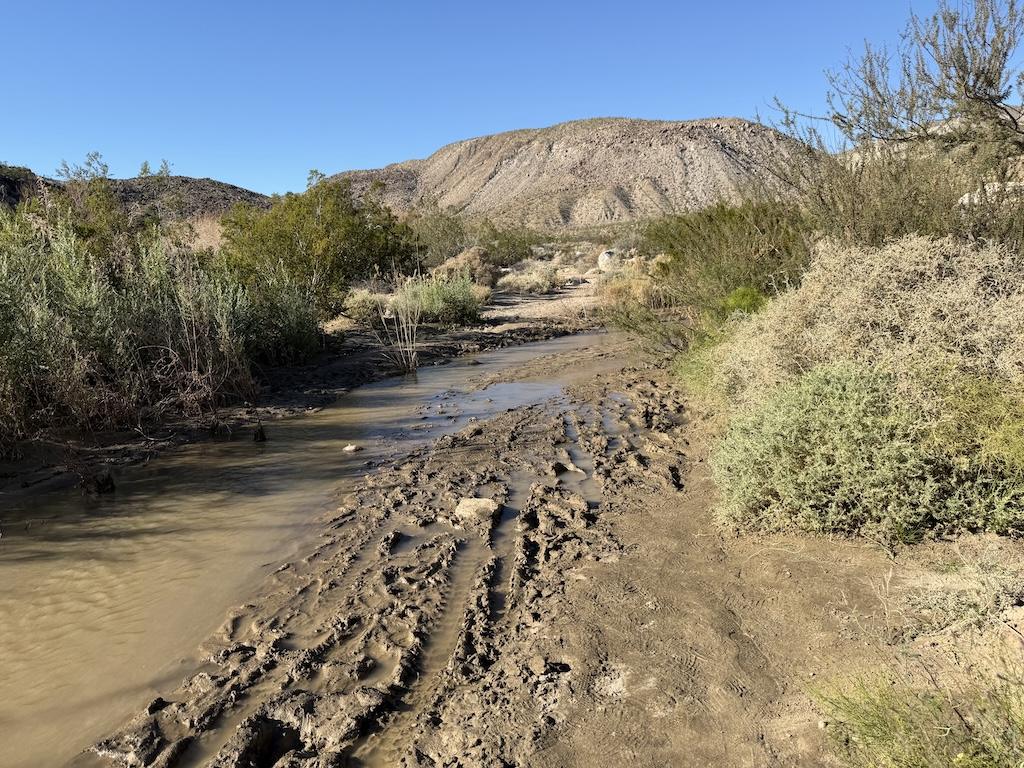 Bike tracks in the mud at Lower Coyote Canyon, at Anza-Borrego Desert State Park, California.