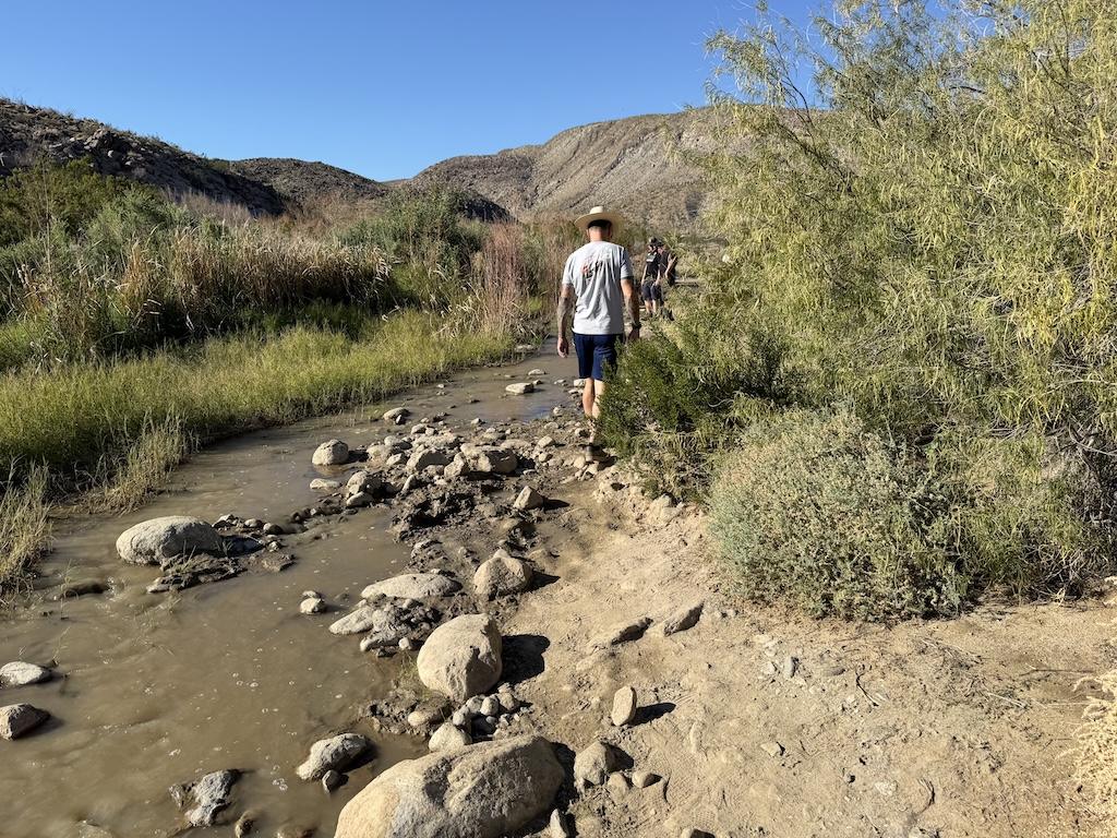 Man walking along trail next to water at Lower Coyote Canyon, at Anza-Borrego Desert State Park, California.
