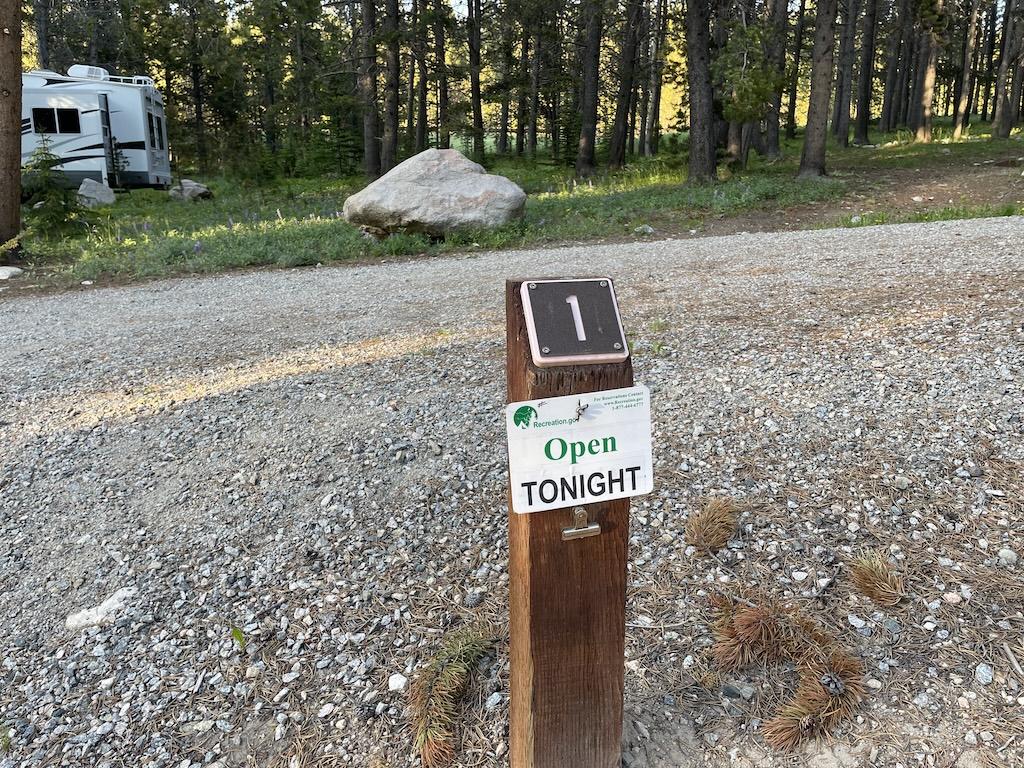 View of campground site post at Lakeview Bighorn Campground, Wyoming