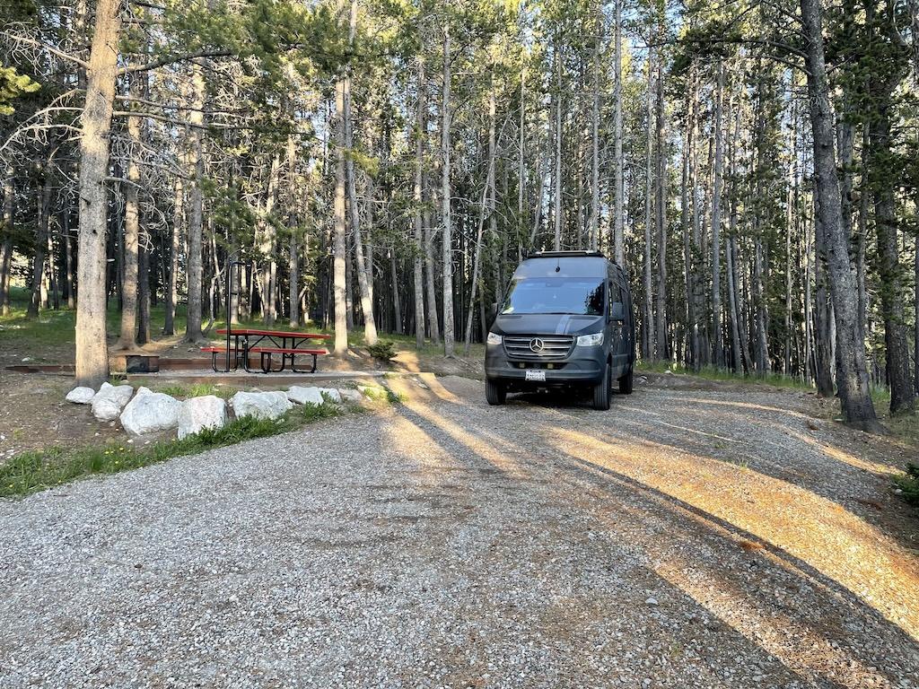 View of Luna’s camper van at Lakeview Bighorn Campground, near Meadowlark Lake in Wyoming