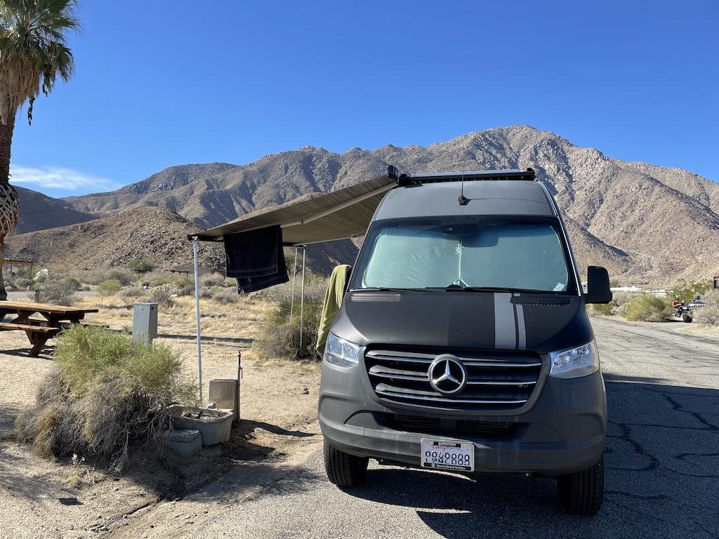Sprinter van parked at site at Borrego Palm Canyon Campground, van camping in Anza-Borrego Desert State Park