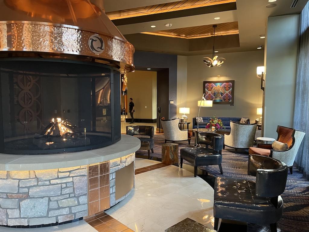 Check in area at Four Winds Casino South Bend, Indiana showing chairs and fireplace