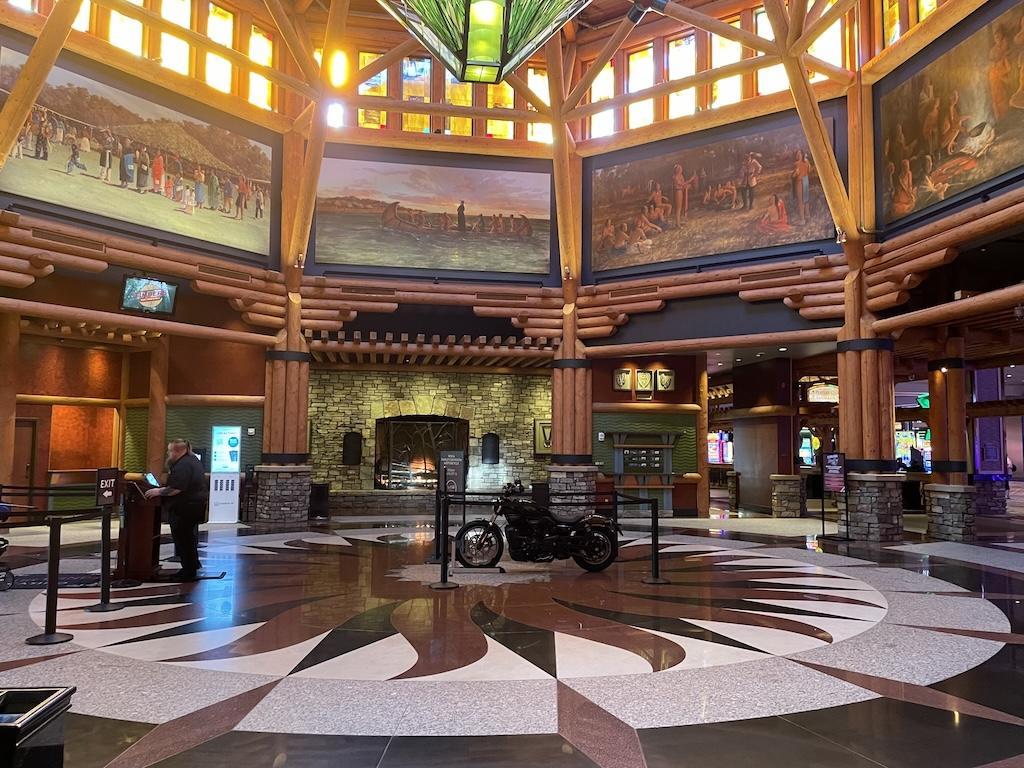 Entrance of Four Winds Casino South Bend, Indiana showing motorcycle on floor