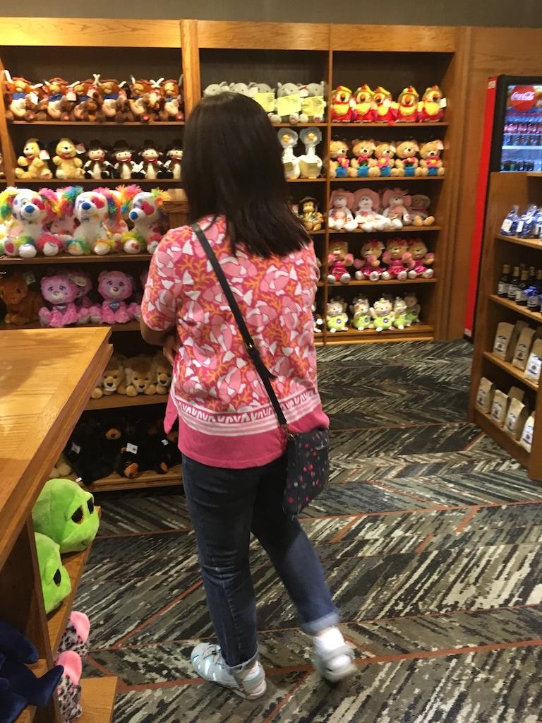 View of lady looking at stuffed animals at Four Winds Outfitters, South Bend, Indiana