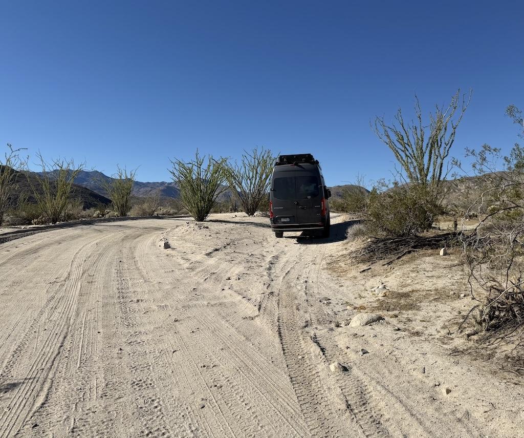 Sprinter van parked off side of Desert Gardens in Anza-Borrego Desert State Park off Coyote Canyon Rd, California