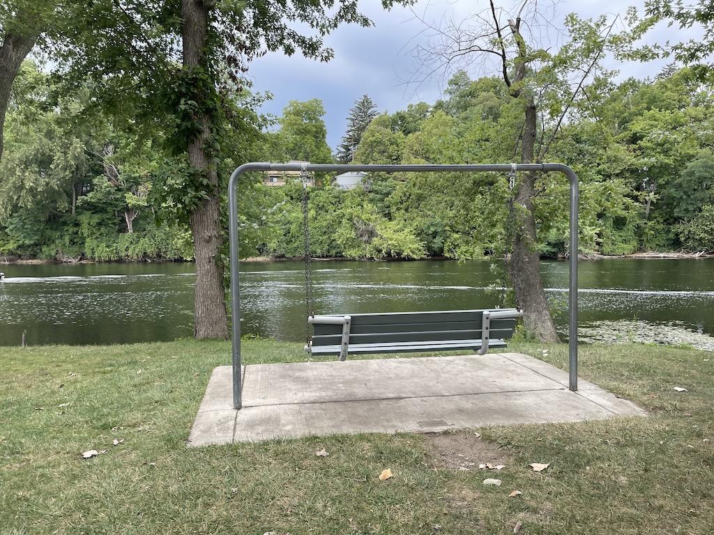Bench along the Riverfront Trail with view of the St. Joseph River, Niles, Michigan