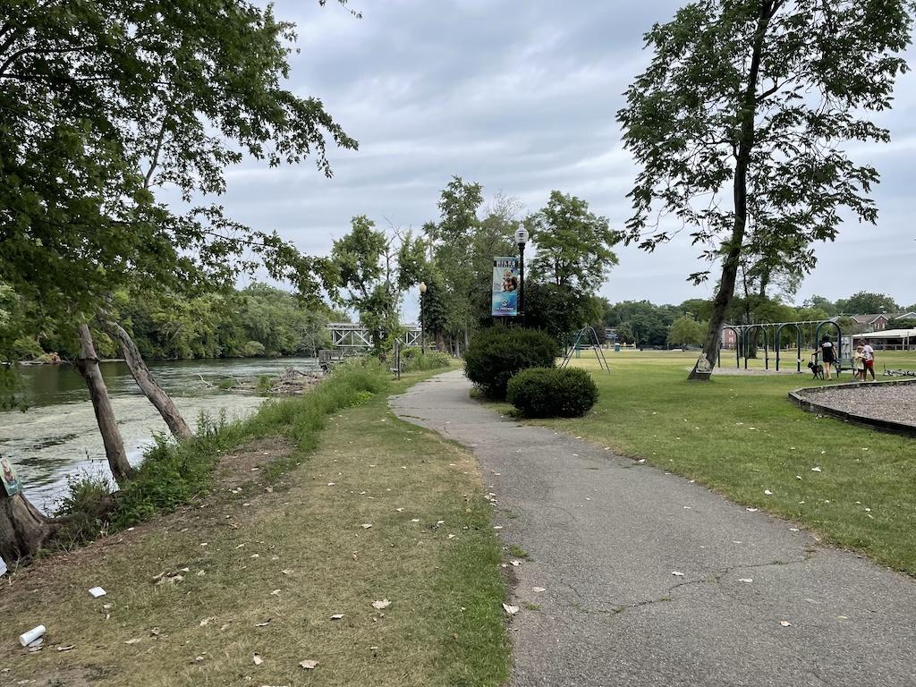 View of Riverfront Trail walking path along the St. Joseph River, Niles, Michigan