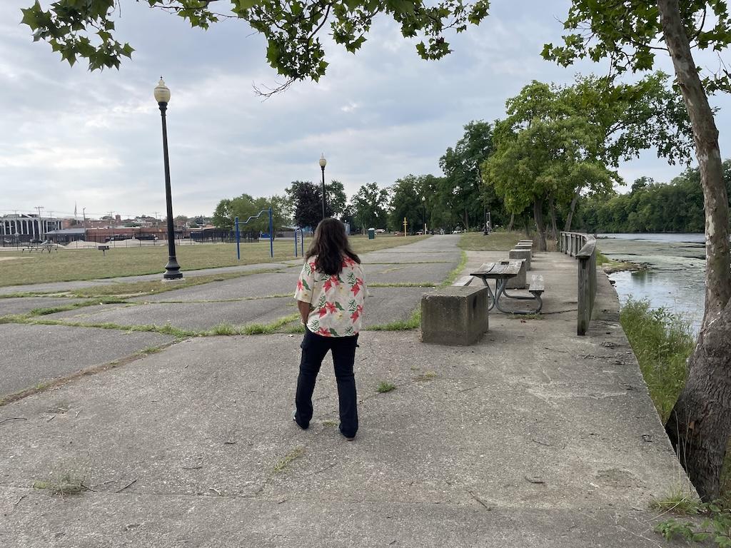 Woman walking along Riverfront Trail in Niles, Michigan