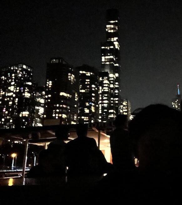 View of buildings in background at night on the Chicago architecture river tour Luna took with Shoreline Sightseeing in Illinois